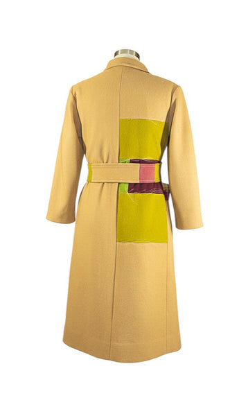 Patchwork Wool Blend Wrap Coat with Stitching