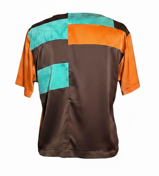 Stretch Silk Charmeuse Patchwork Orange and Brown T shirt