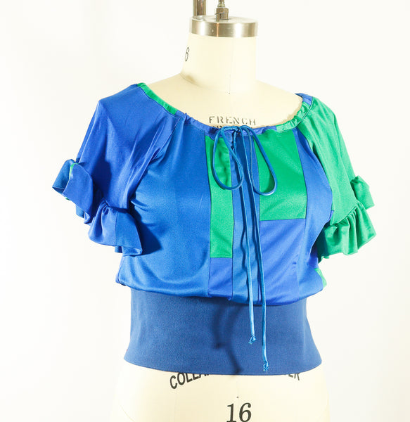 Blue Silk Jersey Patchwork Top with Rib Waist