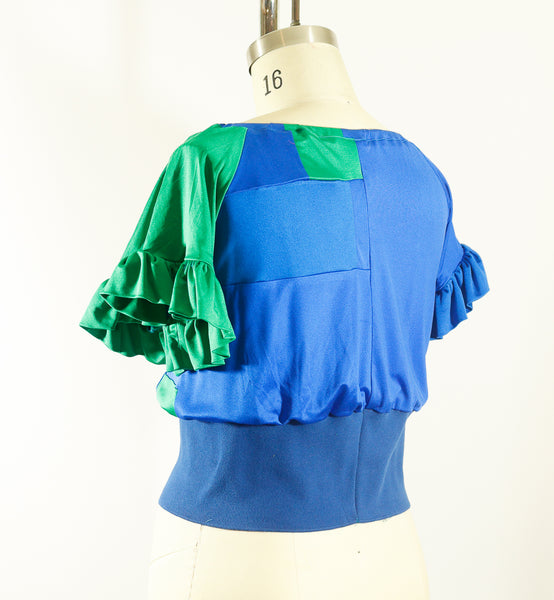 Blue Silk Jersey Patchwork Top with Rib Waist
