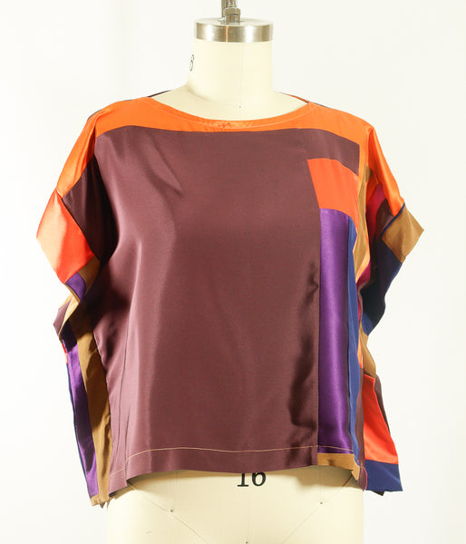 Brown with Orange Patchwork Tunic Top Silk Charmeuse