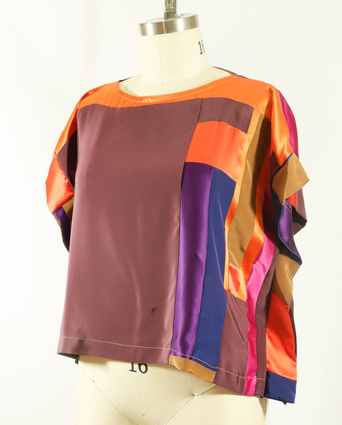 Brown with Orange Patchwork Tunic Top Silk Charmeuse