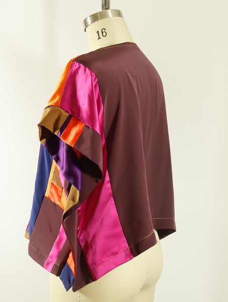 Brown with Orange Patchwork Tunic Top Silk Charmeuse