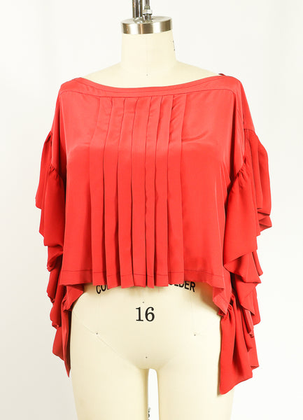 Coral Silk Crepe de Chine Pleated Coral Tunic Top