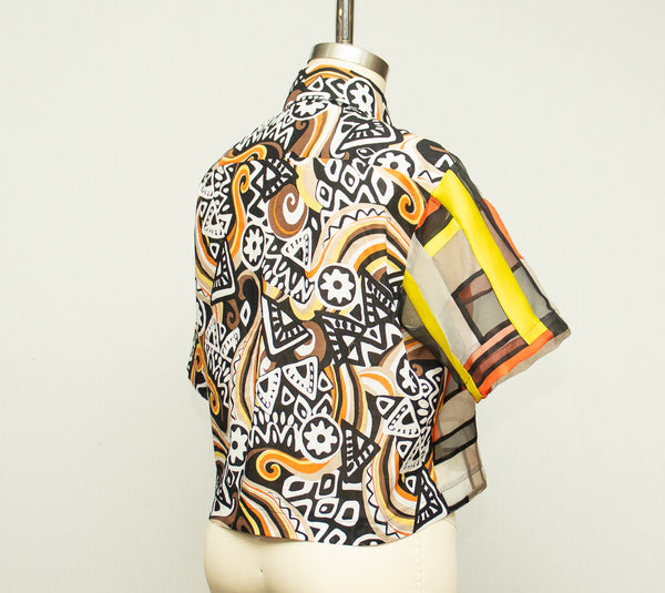Print Crop Cotton Shirt with Silk Organza Patchwork
