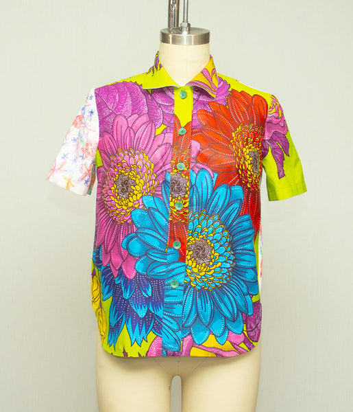Floral Print Cotton Shirt Patchwork with Floral Hand Painted Sleeve
