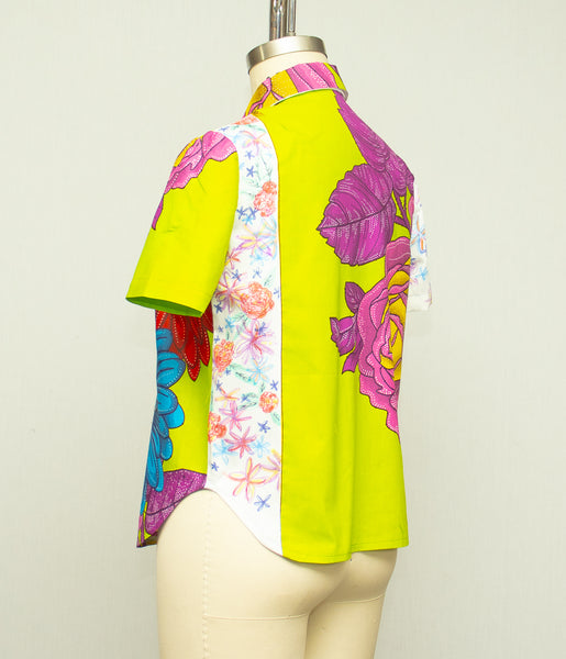 Floral Print Cotton Shirt Patchwork with Floral Hand Painted Sleeve