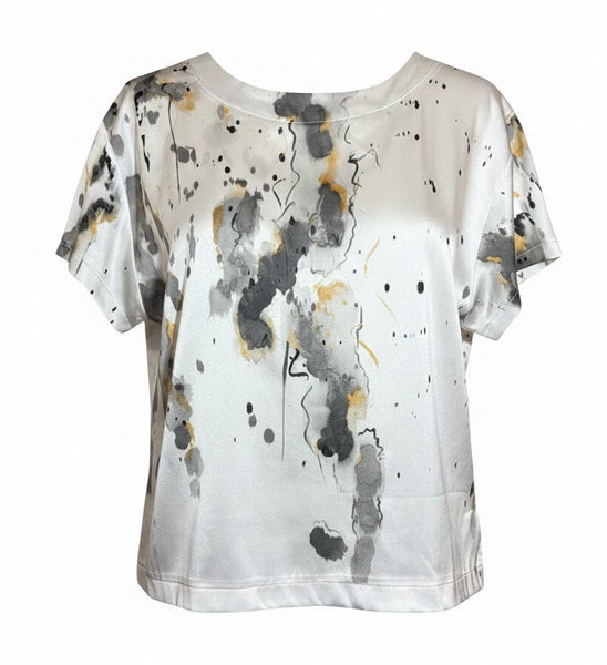 Stretch Silk Charmeuse White with Paint Splatter T Shirt