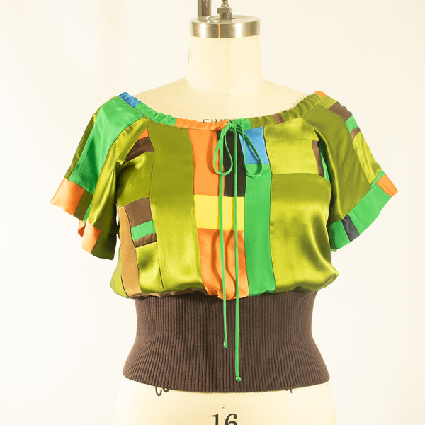 Green and Brown Silk Patchwork Top with Rib Waist