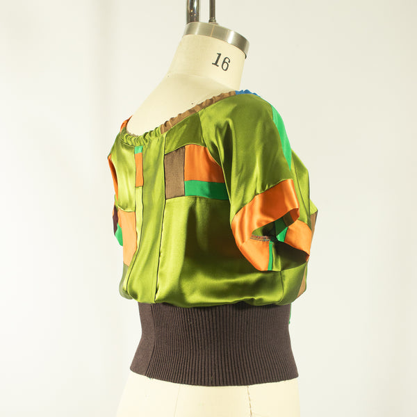 Green and Brown Silk Patchwork Top with Rib Waist