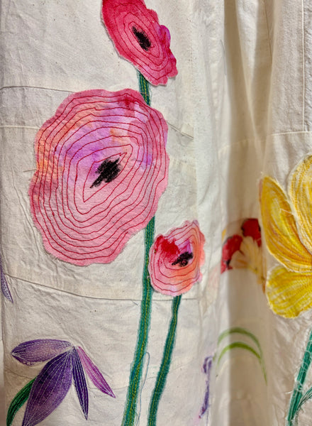 Patchwork Muslin Skirt with Applique Handpainted Flowers