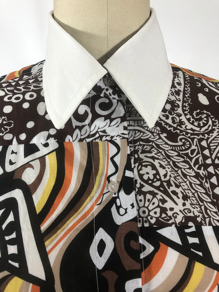 Cotton Shirt with White Collar, Sleeves, and Print