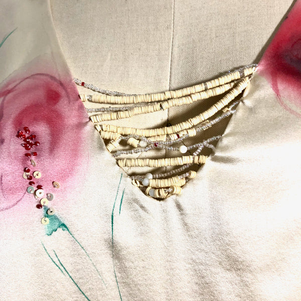 Stretch Charmeuse Off White Color Silk Handpainted and Beaded V neck