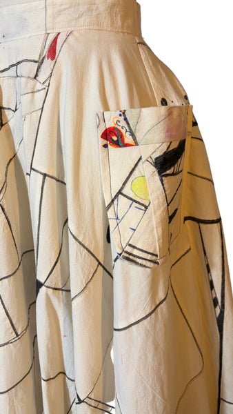 Patchwork Circle Muslin Skirt with Black Marker and Patch Pocket