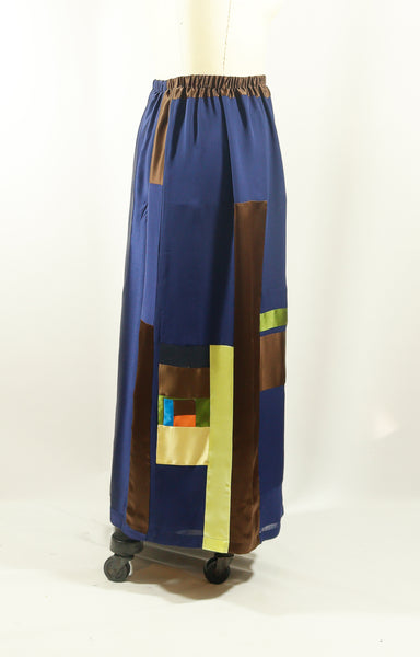 Navy Silk Chiffon and Silk Charmeuse Patchwork Palazzo Pant