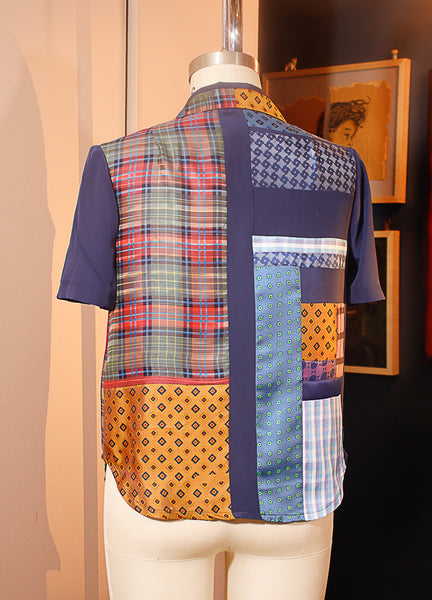 Print Silk Patchwork Button Down Shirt