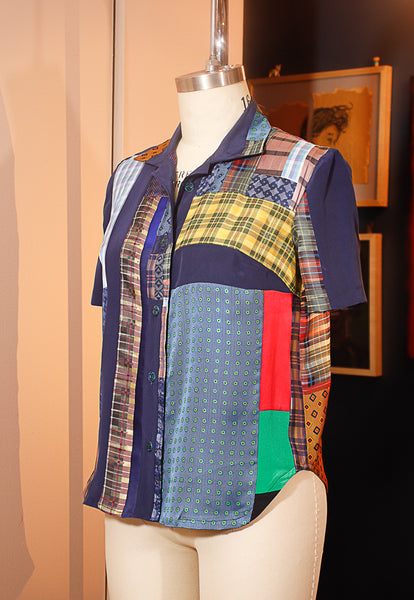 Print Silk Patchwork Button Down Shirt