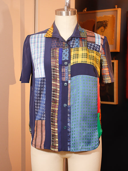Print Silk Patchwork Button Down Shirt