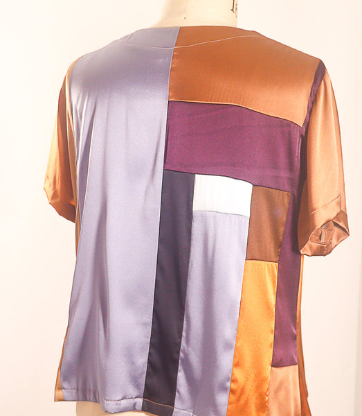 Stretch Charmeuse Copper Color Silk Patchwork T Shirt