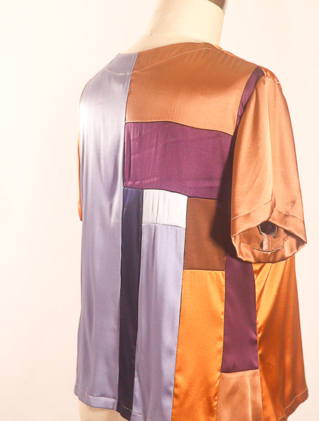 Stretch Charmeuse Copper Color Silk Patchwork T Shirt