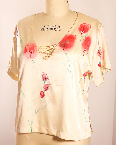 Stretch Charmeuse Off White Color Silk Handpainted and Beaded V neck