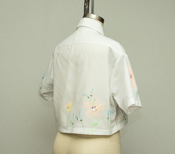 White Cotton Crop Shirt with Sequined Embellishement