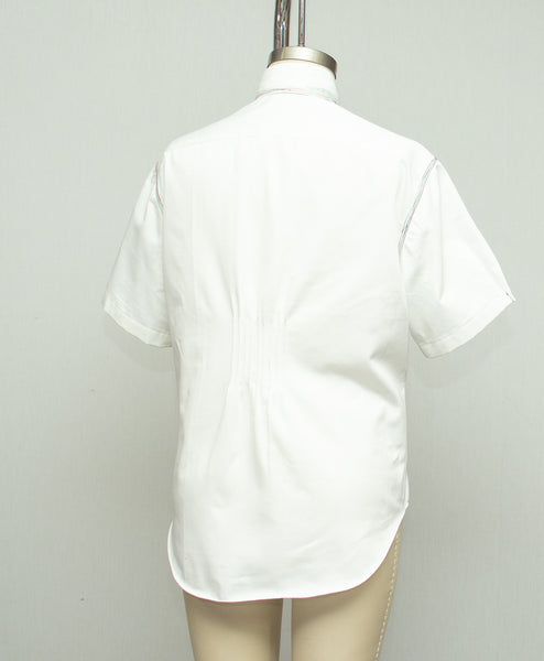 White Cotton Shirt with White Collar, with Red Black and Green Stitching