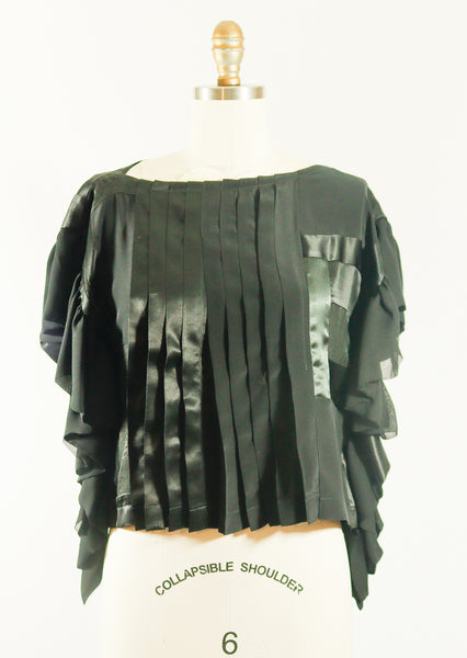 Black Silk Crepe de Chine and Charmeuse Pleated Tunic Top