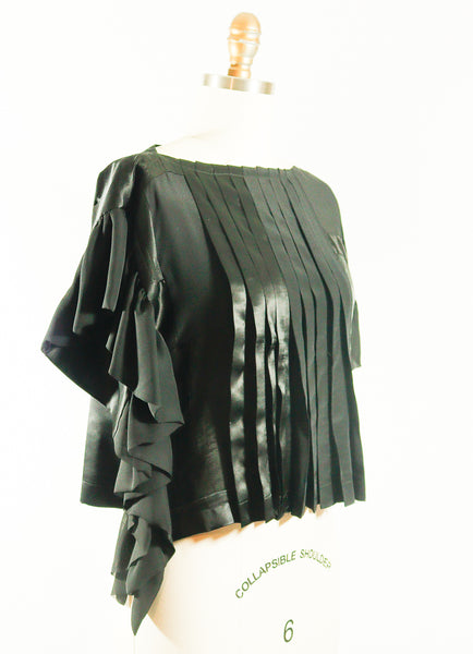 Black Silk Crepe de Chine and Charmeuse Pleated Tunic Top