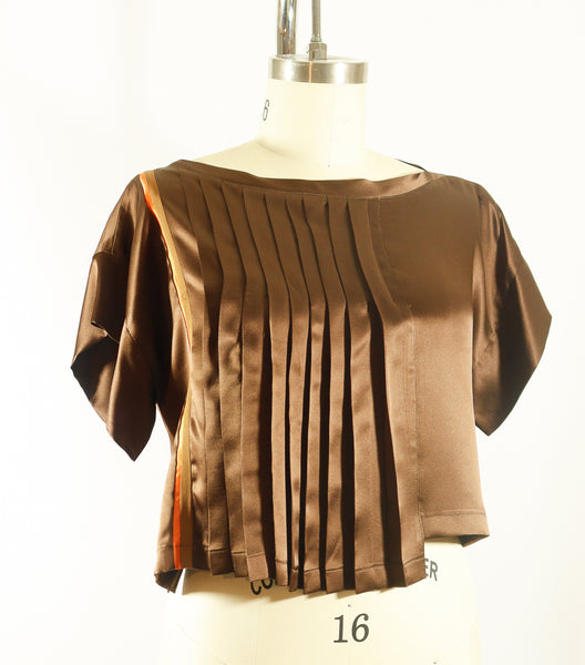 Brown Silk Crepe de Chine and Charmeuse Pleated Tunic Top