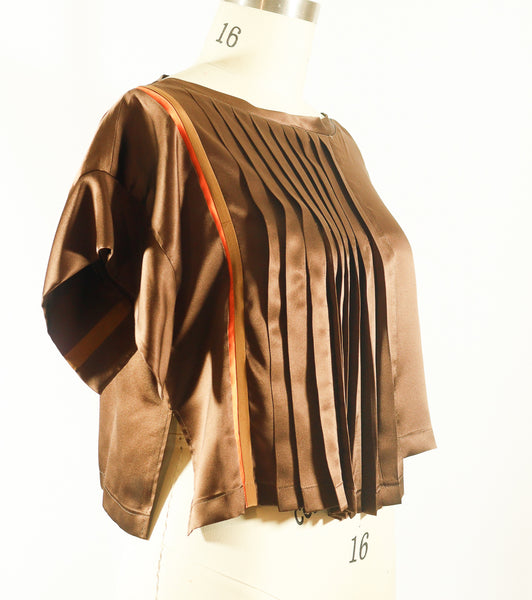 Brown Silk Crepe de Chine and Charmeuse Pleated Tunic Top