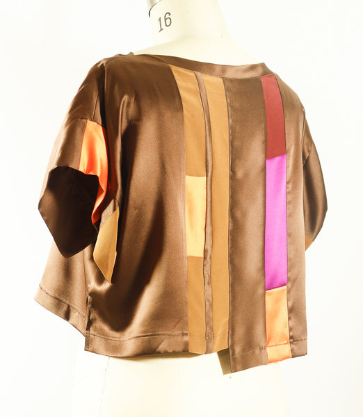 Brown Silk Crepe de Chine and Charmeuse Pleated Tunic Top