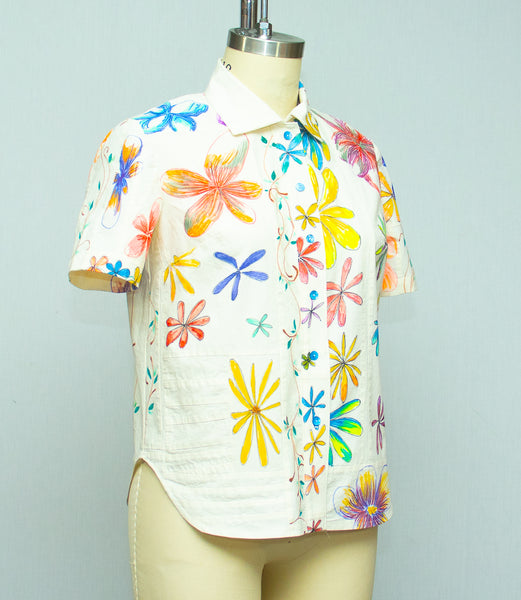 Muslin Cotton Patchwork Shirt with Hand Painted Flowers