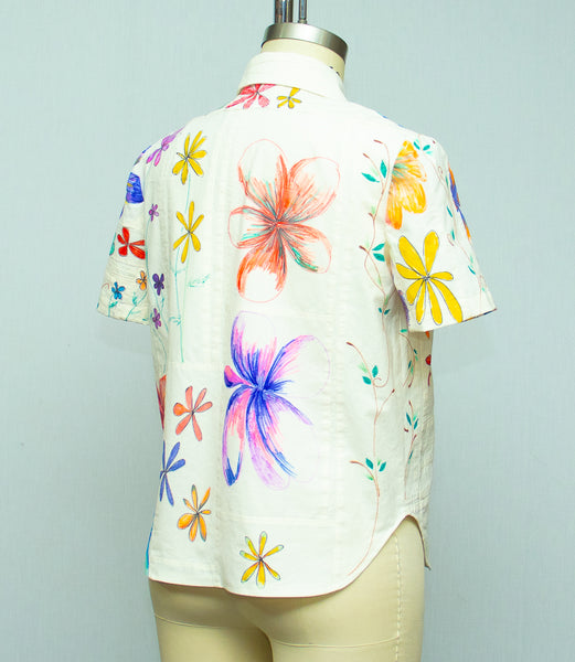 Muslin Cotton Patchwork Shirt with Hand Painted Flowers