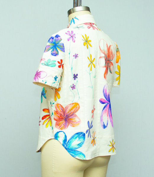 Muslin Cotton Patchwork Shirt with Hand Painted Flowers