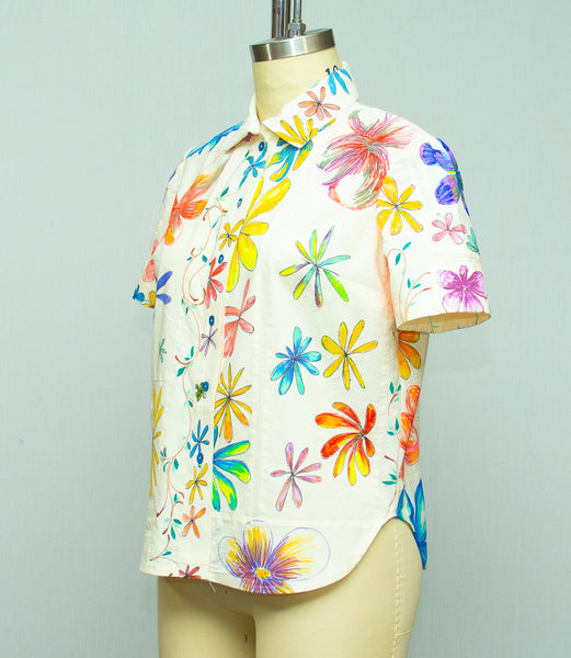 Muslin Cotton Patchwork Shirt with Hand Painted Flowers