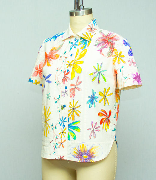 Muslin Cotton Patchwork Shirt with Hand Painted Flowers