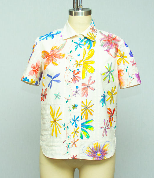 Muslin Cotton Patchwork Shirt with Hand Painted Flowers