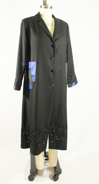 Black Wool Coat with Sequin Beaded Hem and Patchwork Pockets