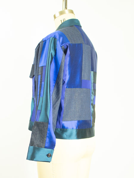 Blue Patchwork Silk and Denim Jacket