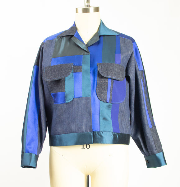 Blue Patchwork Silk and Denim Jacket