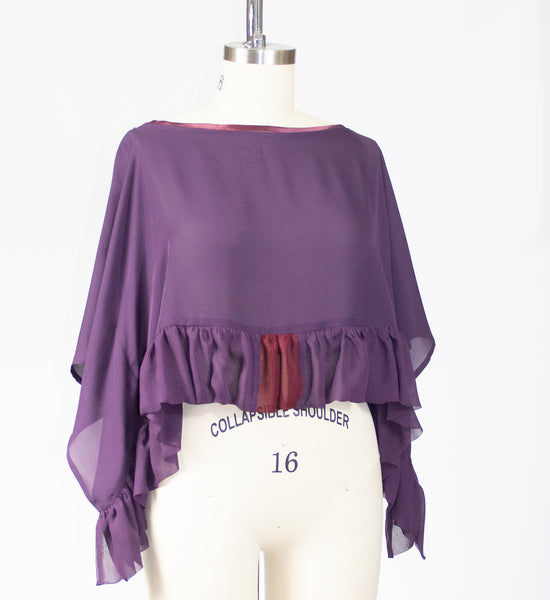 Deep Purple Silk Chiffon Tunic Top with Ruffle