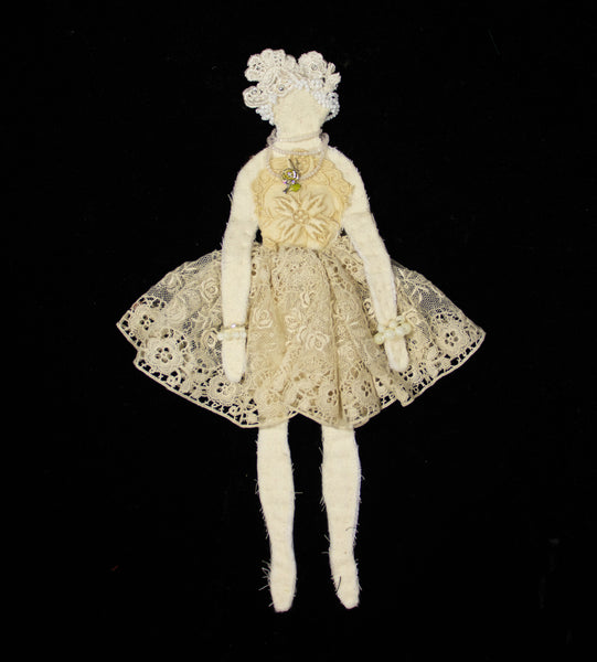 Flat White Wool Doll wih lace and beads