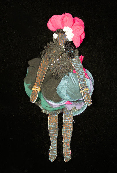 Flat Wool Doll wih Stitched body, silk Flowers and beads