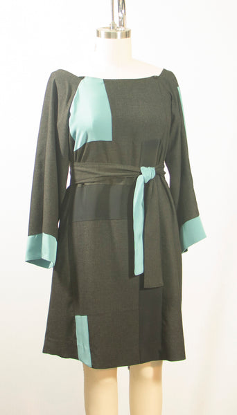 Patchwork Charcoal Grey Wool and Turquoise Blue Silk Dress with Belt