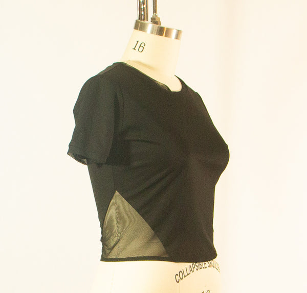 Short Sleeve Black Rayon T shirt with Sheer Inserts