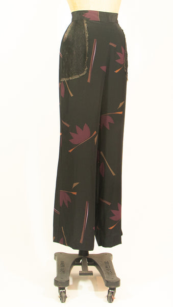 Silk Charmuese Print Pants with Lace Pockets
