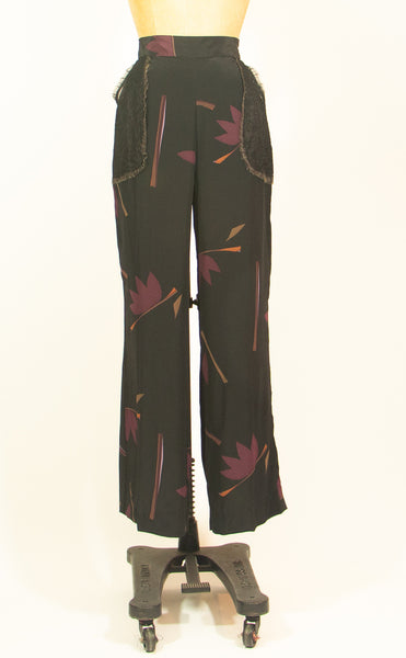 Silk Charmuese Print Pants with Lace Pockets