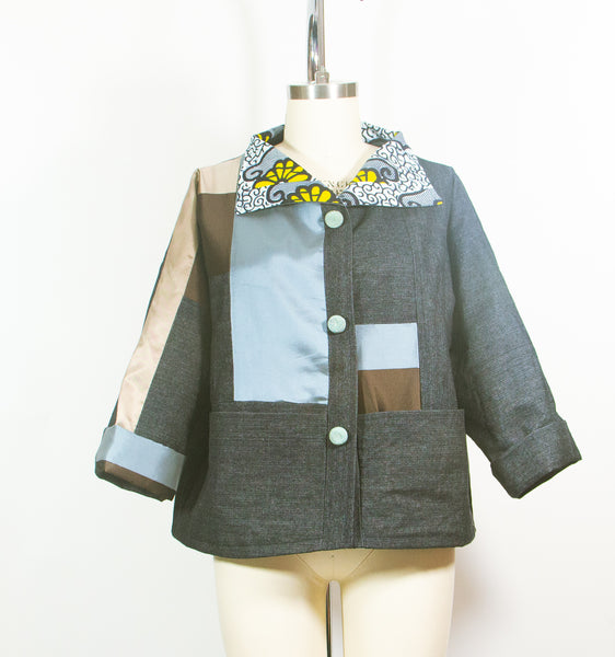 Patchwork Car Coat in Denim and Silk Satin