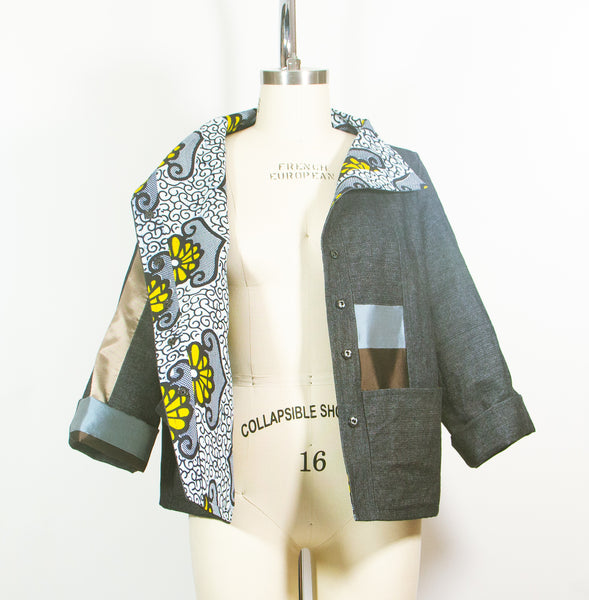 Patchwork Car Coat in Denim and Silk Satin